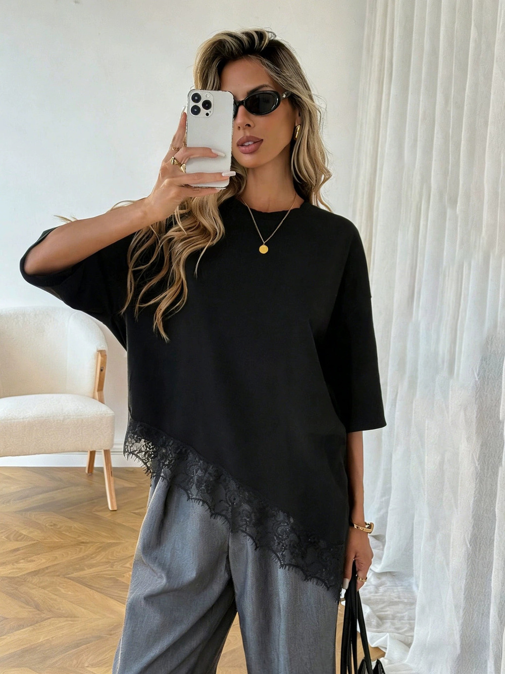 ZARA Womens Loose Fit Short Sleeve Round Neck Asymmetric Lace Panel Summer Tee
